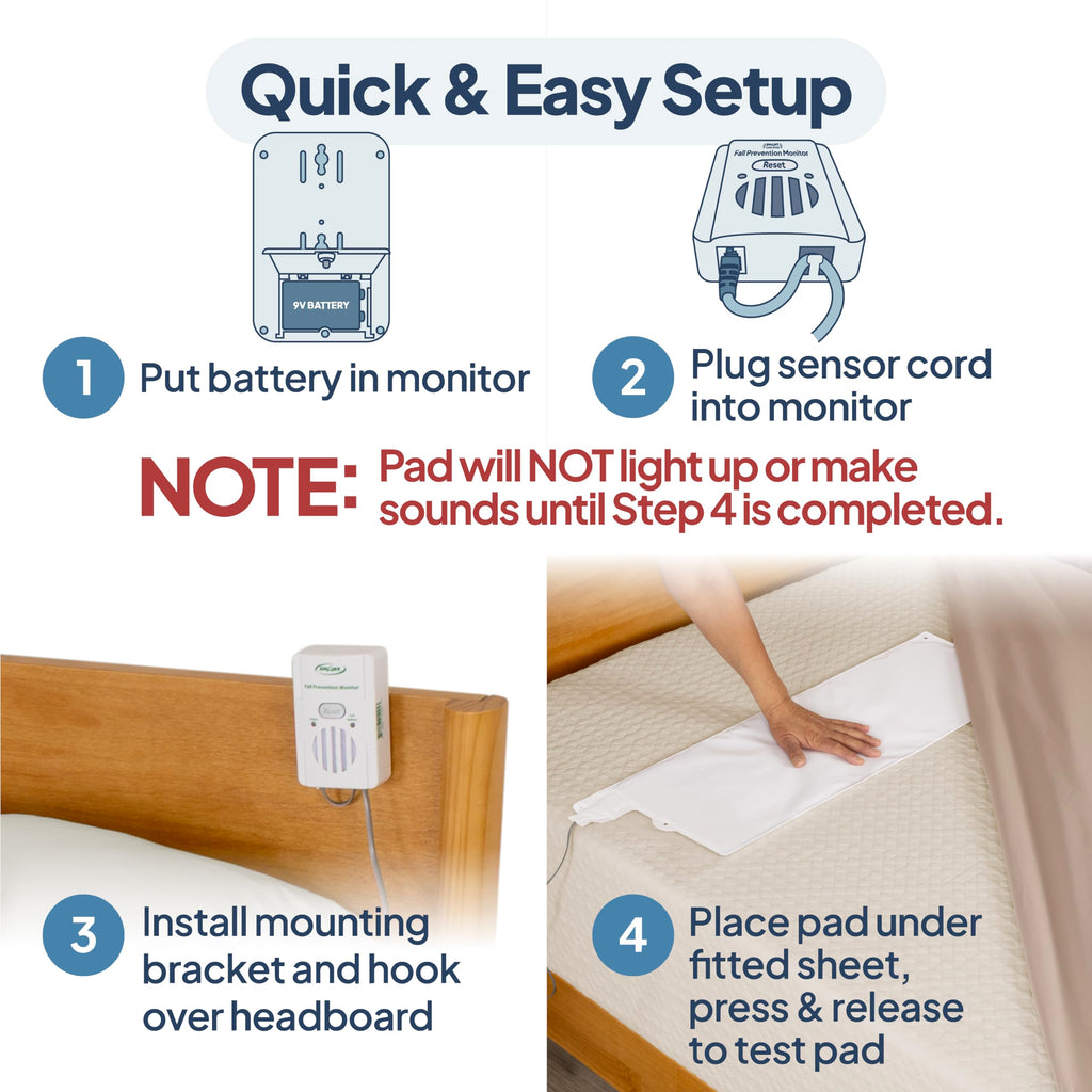 Smart Caregiver Bed Alarm for Elderly Adults – Fall Prevention System with 10"x30" Weight-Sensing Bed Pad – Automatically Alerts Caregiver When They Get Up