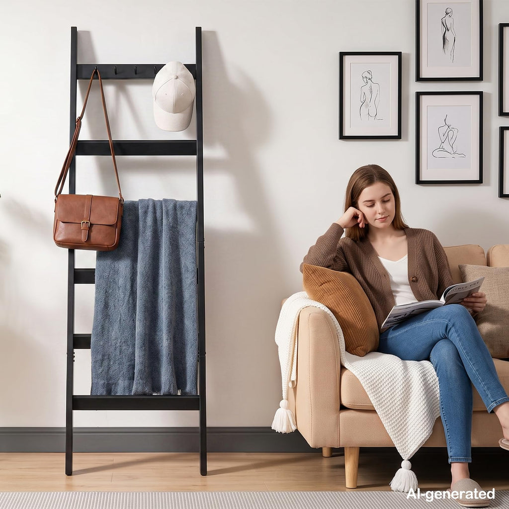 TEAKMAMA 6-Tier 5.4ft Blanket Ladder with Hooks Farmhouse Black