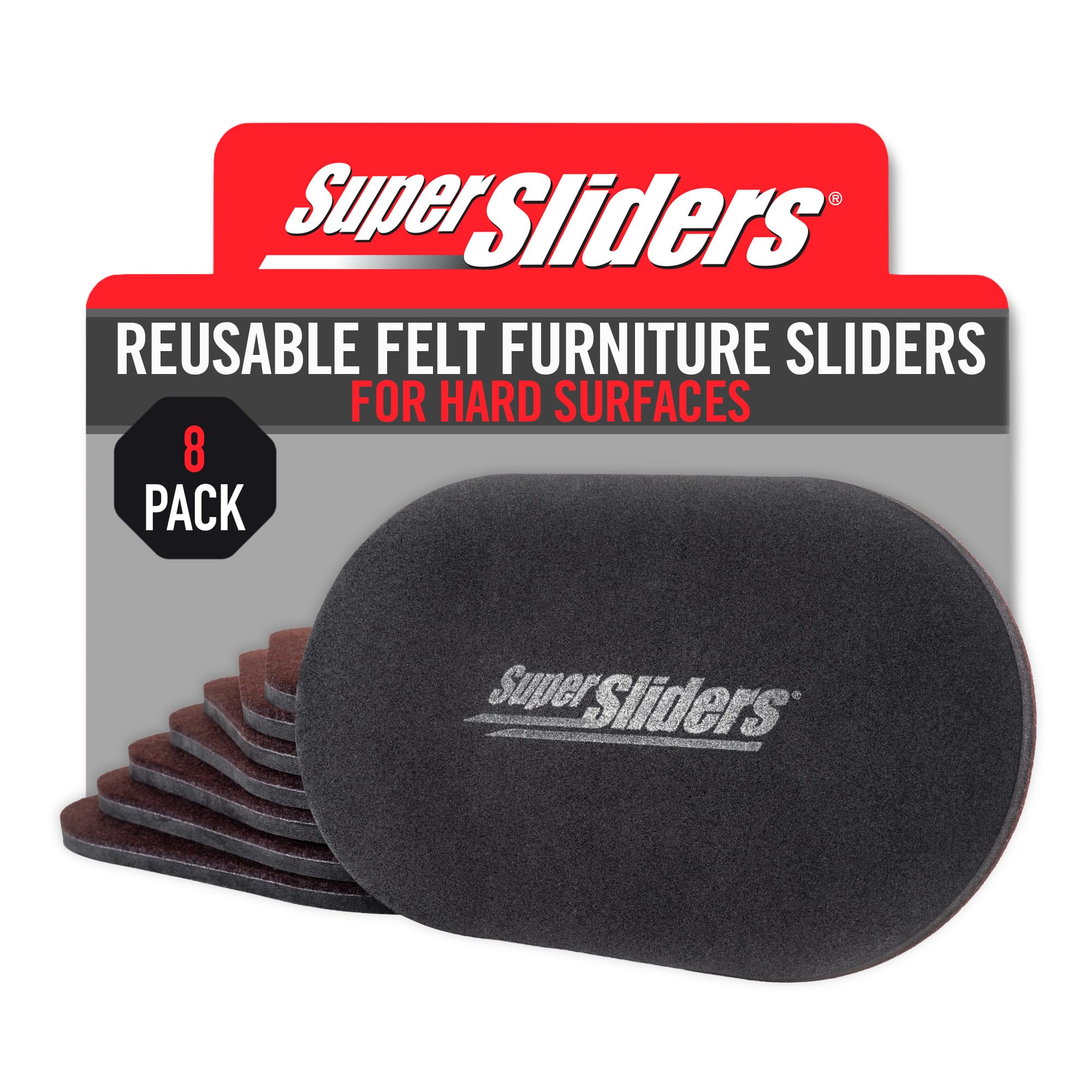 Super Sliders 5-3/4" x 9-1/2" XL Oval Reusable Felt Furniture Sliders for Hard Surfaces, Anti-Slip Protective Furniture Moving Pads for Beds, Sofas, Dressers, Set of 8, Brown