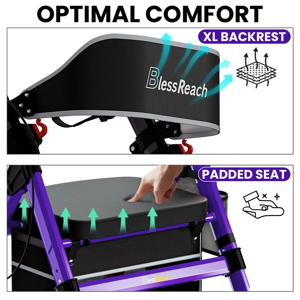BlessReach Heavy-Duty Aluminum Rolling Walker - Foldable Rollator Walkers with Seat for Seniors, 450 lb Capacity, 8'' Wheels, 18" Big Seat, 6-Position Adjustable Height(Purple)