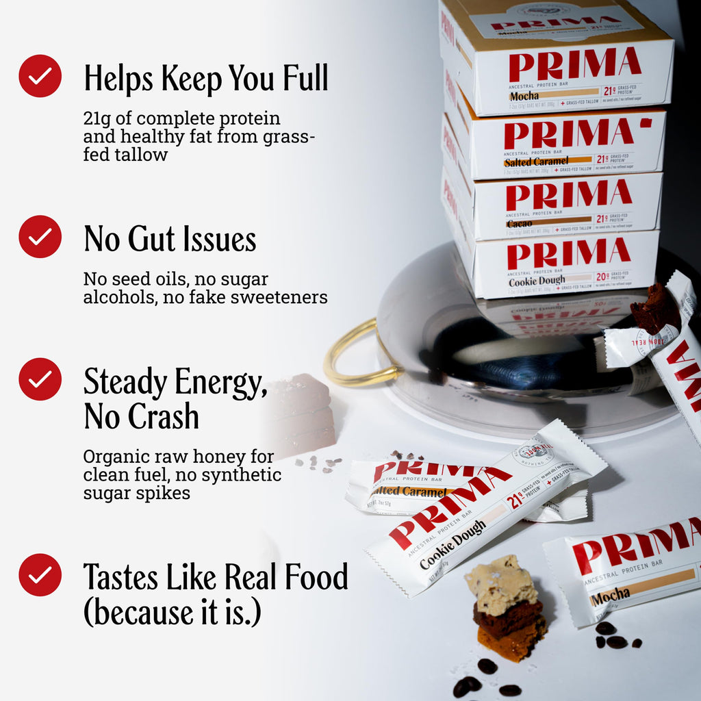 Prima Ancestral Protein Bar | 21g Grass Fed Whey + Collagen | Beef Tallow, Raw Honey | Seed Oil Free | Cacao - 7 Pack
