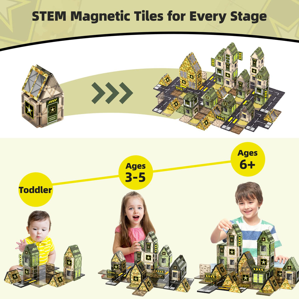 GobiDex Army Magnetic Tiles Road Set Building Toys for Boys 3+ Year Old, STEM Military Magnetic Blocks for Toddlers Construction Toys, Educational Sensory Magnets for Kids Birthday Gifts Boys & Girls