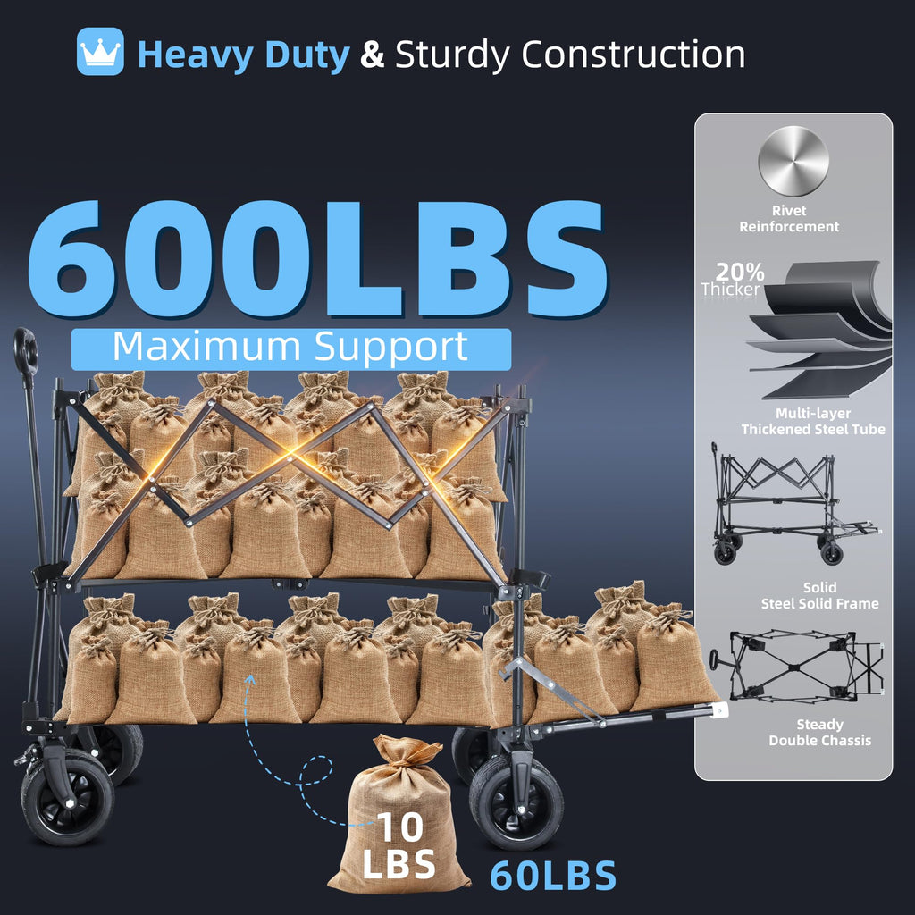 460L Folding Wagon Cart, Heavy Duty Double Decker Wagon, 600 lbs Capacity