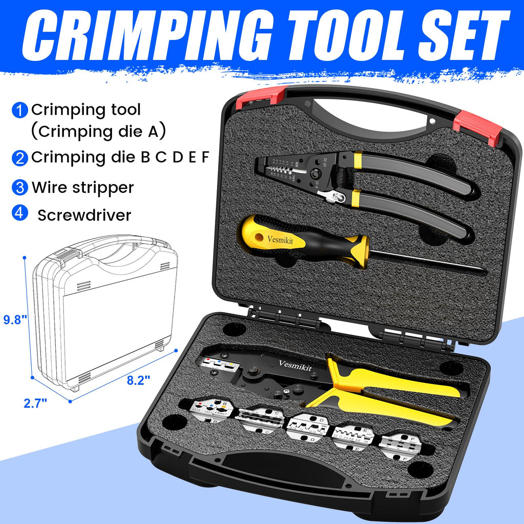 Vesmikit Crimping Tool Set 8PCS - Ratchet Wire Crimping Tool for Heat Shrink,Insulated Nylon,Non-Insulated,wire ferrules,Open Barrel Terminals,Solar Connectors - Crimper with 6 Interchangeable Die