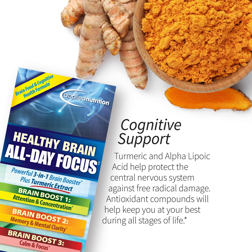 Applied Nutrition Healthy Brain All-Day Focus - 50 Tablets - Powerful 3-in-1 Brain Booster with Turmeric Extract - 25 Servings