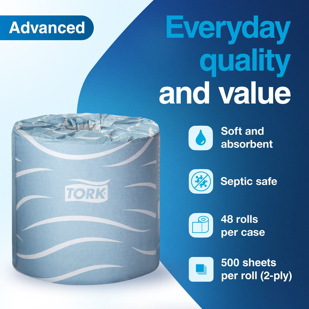 Tork Bath Tissue Roll Advanced 2-ply, Biodegradable 4x3.75", 500 sheets/roll, 48 rolls/case, TM6130S