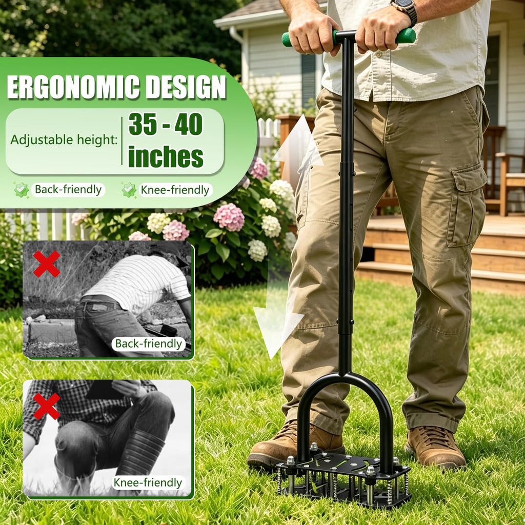 Adjustable Lawn Aerator Tool with Rebound Spring – 16 Sharp Metal Spikes Soil Aerator with Ergonomic T-Handle & Wide Foot Plate, Heavy Duty Yard Lawn Aerator for Garden Lawn Care