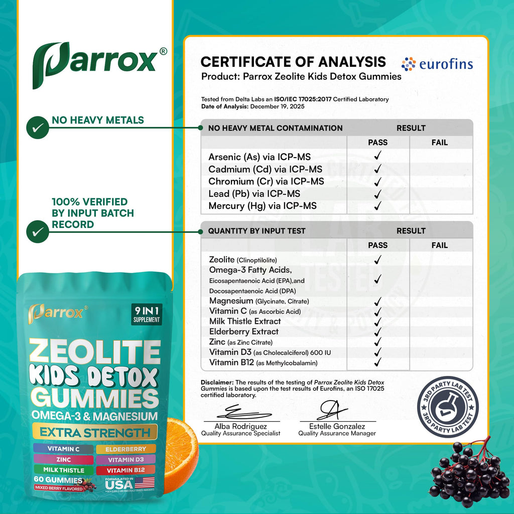Parrox Zeolite Kids Gummies, 9-in-1 with Zeolite, Omega-3, Magnesium, Elderberry, Vitamin C, Milk Thistle, Vitamin D3, Zinc, B12 – Sugar-Free (60 Gummies – Mixed Berry Flavor)