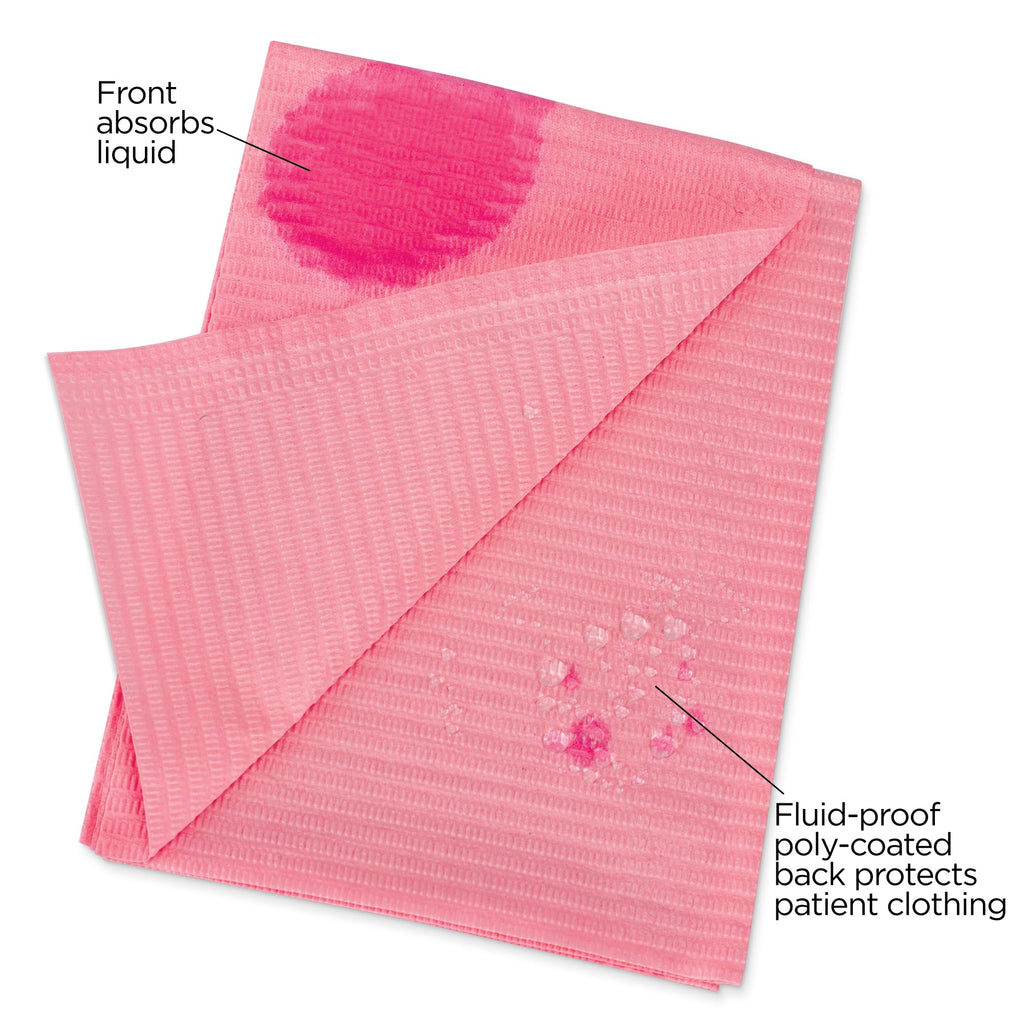 Practicon 125 Pack Pink Disposable Patient Bibs, 18" x 13", 3 Ply Waterproof Paper Bib Sheet with Poly Back, Dental, Medical, Tattoo, Nail Tray or Table Cover, 125 Pack