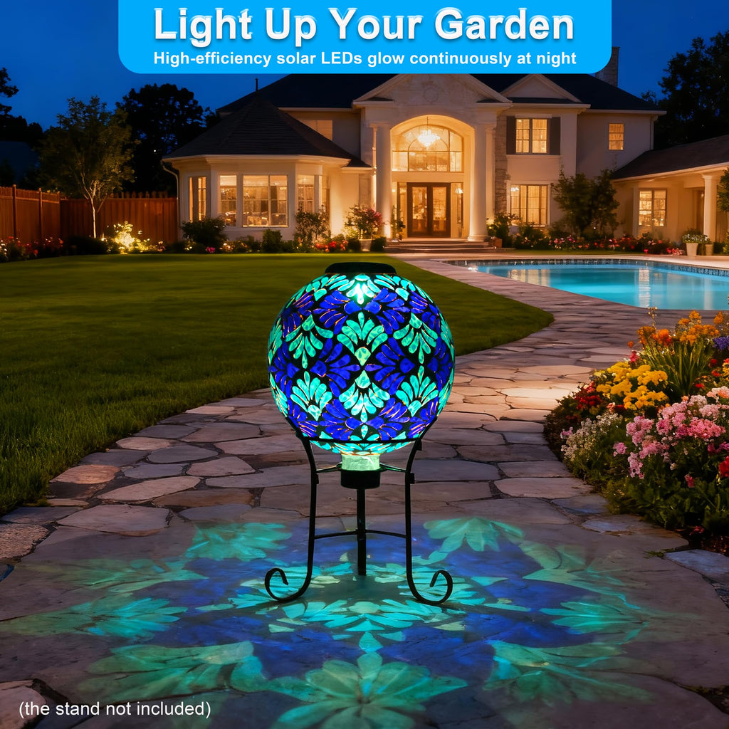 SAVENNA Mosaic Solar Gazing Ball 10 Inch, Glass Garden Globe with Auto On/Off for Yard, Lawn & Outdoor Decor, Blue Mosaic