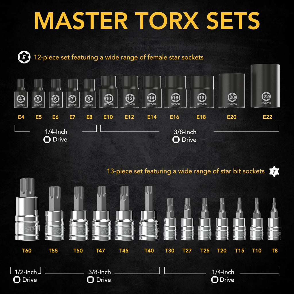LEXIVON Master Torx Bit and Socket Set, Premium S2 Alloy & Cr-V Steel | 25-Piece, Bit Socket T8-T60 & E-Torx E4-E22 | Heavy-Duty Storage Case (LX-148)