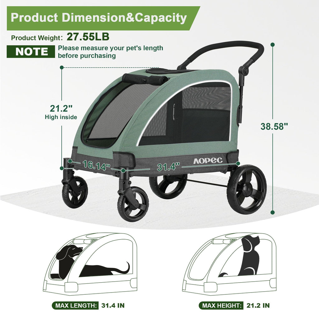 AOPEC Large Dog Stroller - Dual Entry Safety Folding Pet Stroller with Adjustable Handle, All-Terrain 4-Wheel, 160 lbs Weight Capacity for Travel & Outdoor Adventures - Green
