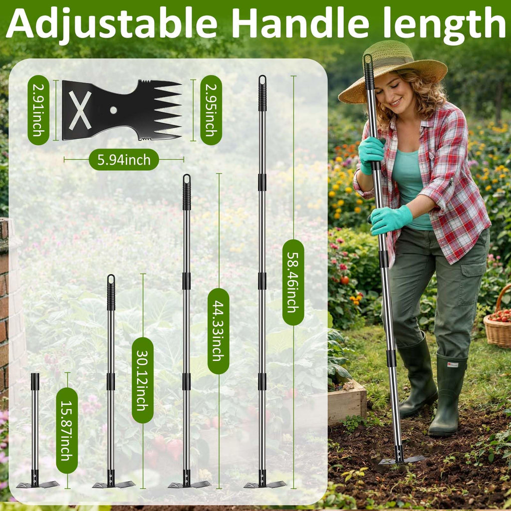 Weed Puller Tool with Long Handle-Vertical Adjustable Weeder, 2-in-1 Garden Hoe and Weeding Rake Combination, Weeding Tool for Garden, Lawn, Farm and Courtyard