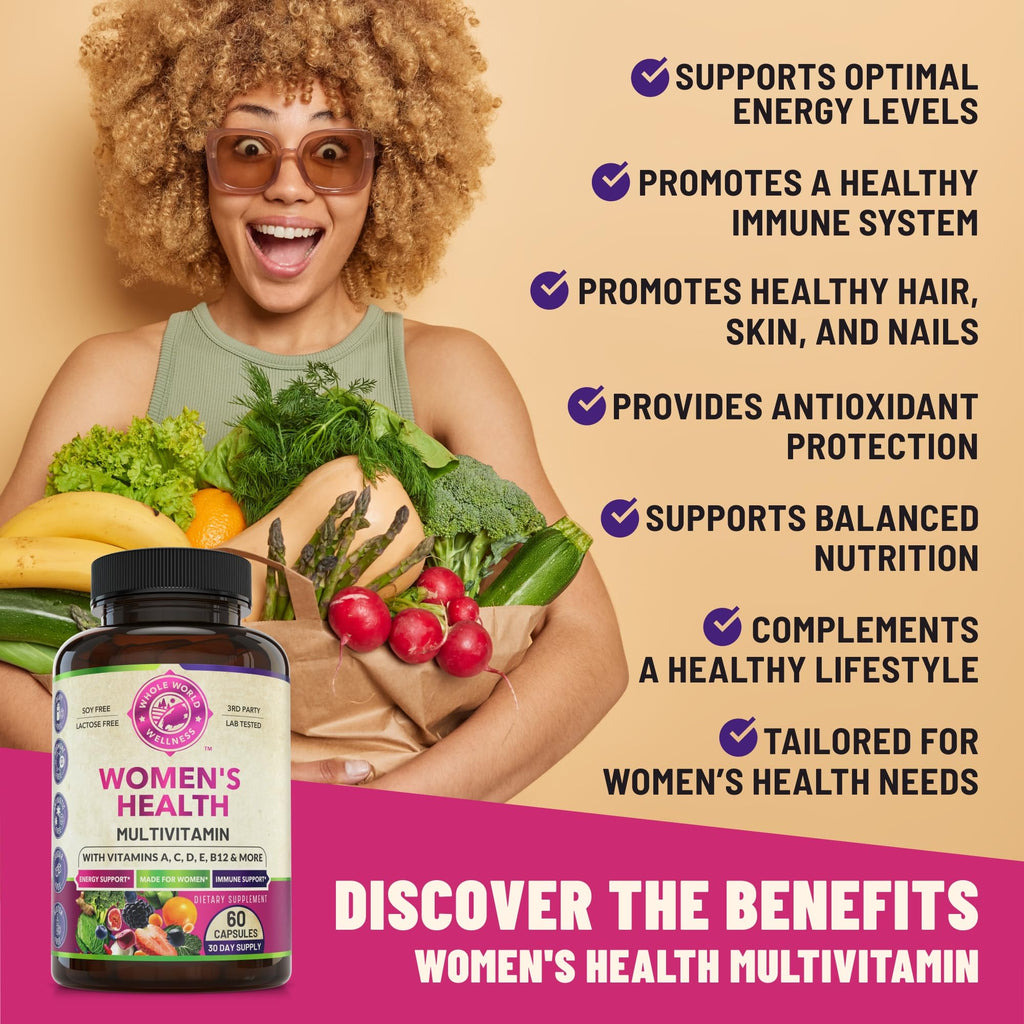 WHOLE WORLD WELLNESS Womens Daily Multivitamin Multimineral Supplement for Energy, Mood, Focus, Hair, Skin & Nails. Made for Women with 30+ Nutrients, Fruit & Energy Blend. Womens Vitamins, USA Made.