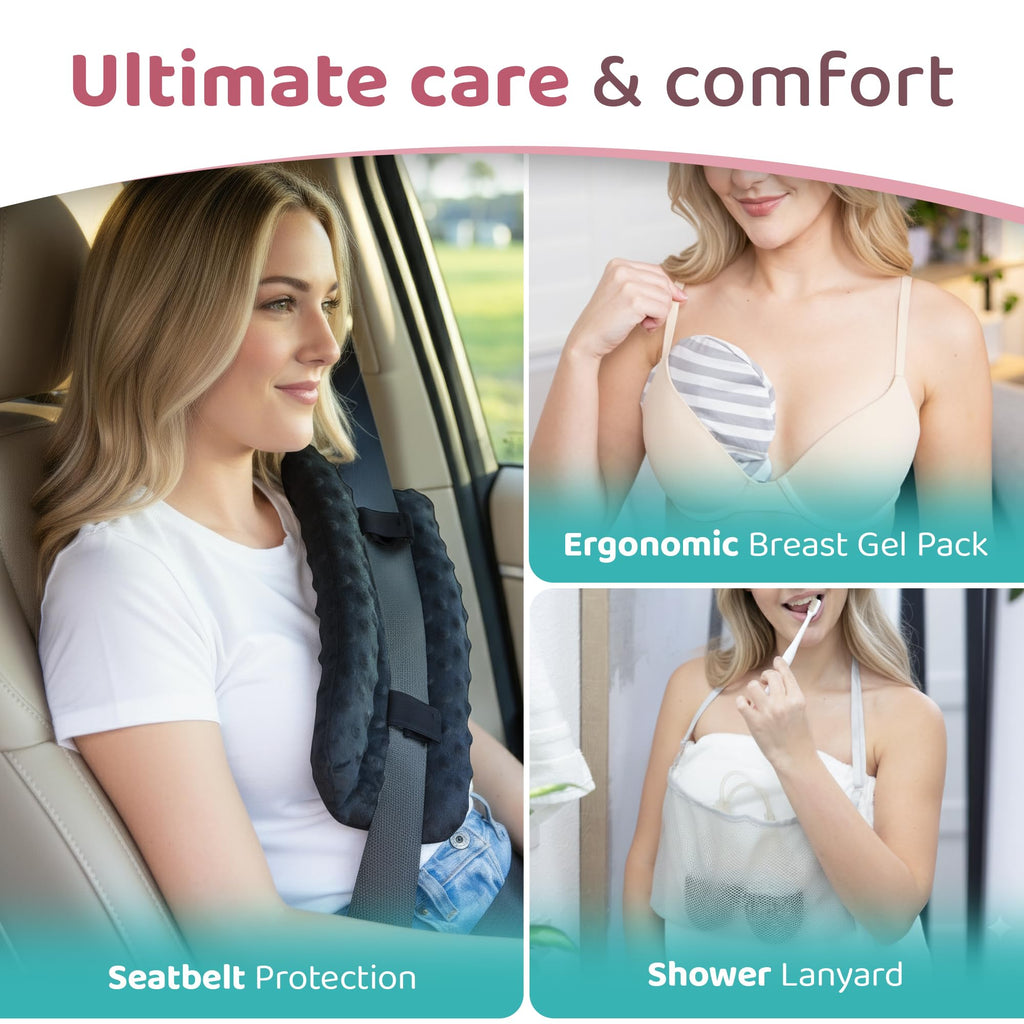 Zomaple Mastectomy Recovery Pillow with Strap, Swirly Gel Pack, Seat Belt Cover & Shower Lanyard – Post-Op Essentials, Breast Augmentation/Reduction & Recovery Supplies – Washable Cover for Comfort