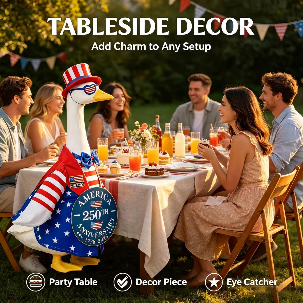 Porch Goose Outfit for 4th of July, America 250 Patriotic Goose Clothes for 23 Inch Lawn, Independence Day Porch Decor with Hat & Glasses, America 250th Anniversary Goose Outfit, 1776–2026 Sign & Pin