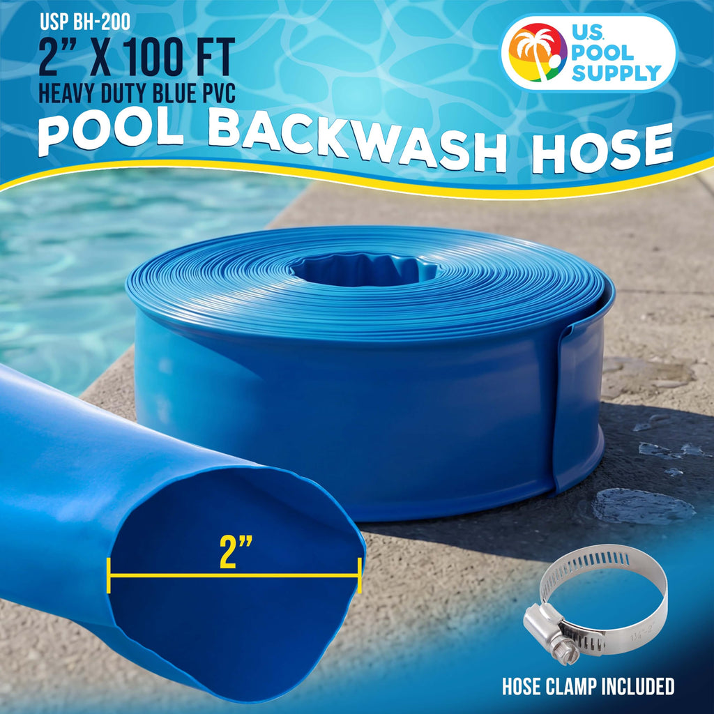 U.S. Pool Supply Pool Backwash Hose 2" x 100', Pool Drain Hose, Drainage Hose, Sump Pump Discharge Hose, Heavy-Duty Inground Pool, Flexible Lay Flat Filter Pump Draining, Clamp