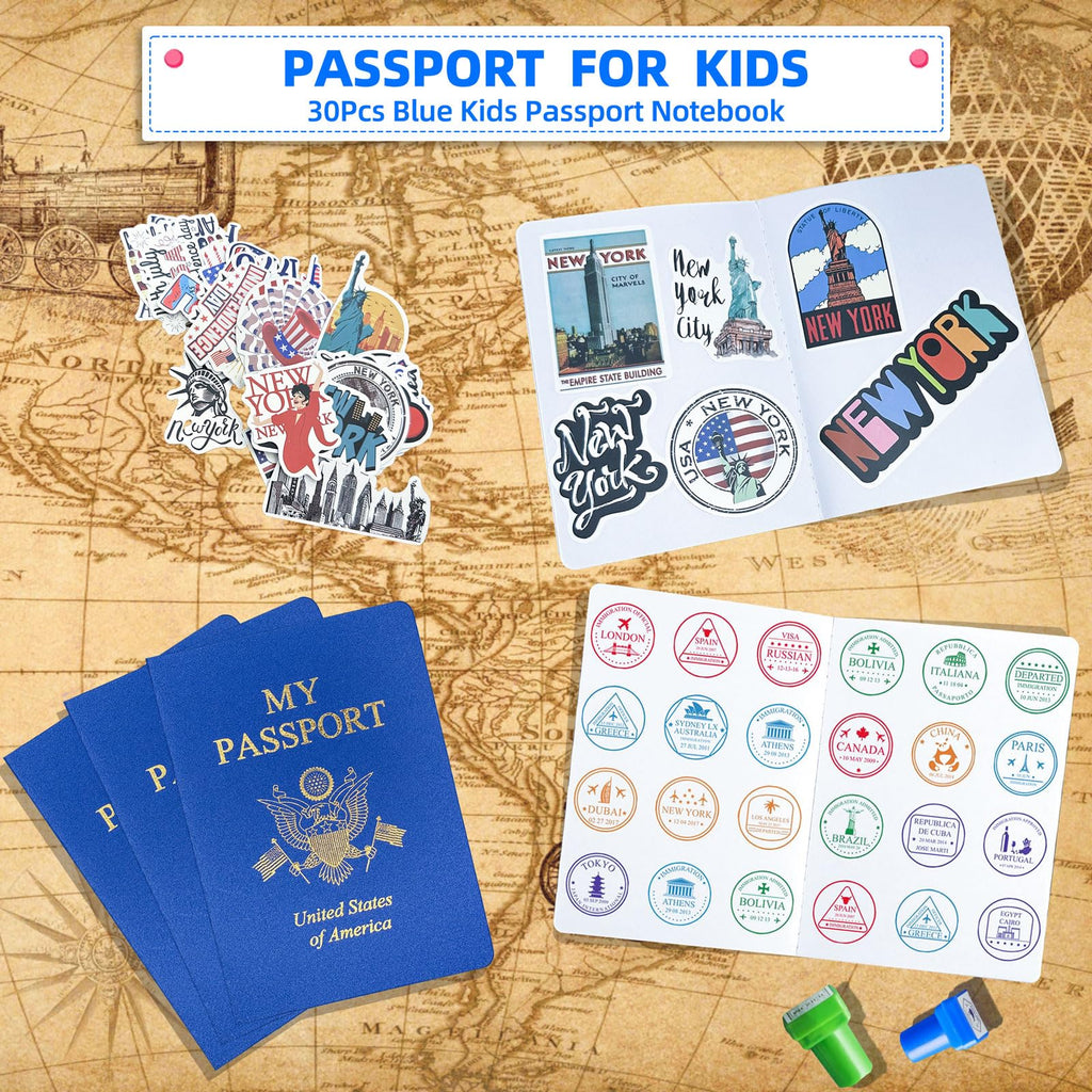 XIISVINT 30 Pcs Blank Passport Notebook Blue Passport Book Fake Passport Travel Journal Sticker Collection Book for Kids School Projects World Travel Pretend Activity Party Favors, 5.51x3.9 Inch
