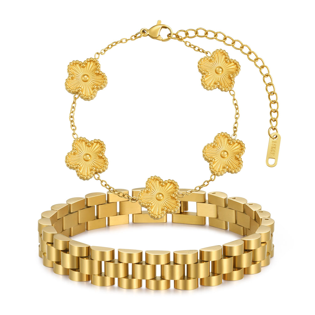 YOQ Stackable Four Leaf Clover Bracelets for Women, 18K Gold Plated Love Bangle Bracelets Set, 2 Pcs Charm Jewelry Gifts (Gold 2Pcs-W)