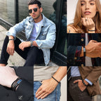 LOWNOUR Black Leather Bracelets for Men Women 5pcs Mens Bracelet Leather and Steel Braided Cuff Bracelets (A- 7.5inch)