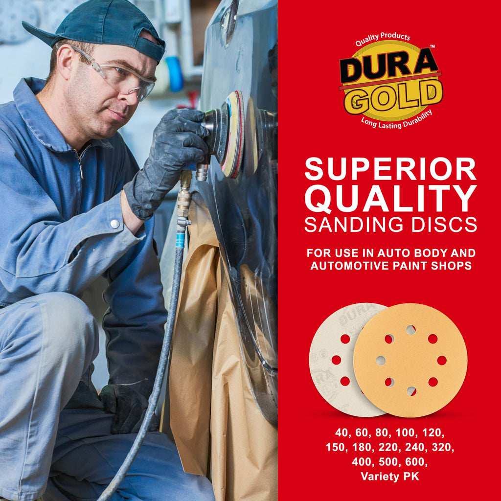 Dura-Gold Premium 240 Grit 5" Sandpaper Discs, 8 Hole Pattern Dustless, 50 Discs - Hook & Loop Backing for Orbital DA Sander, Detailing Finishing Color Sanding Automotive Paint Woodworking