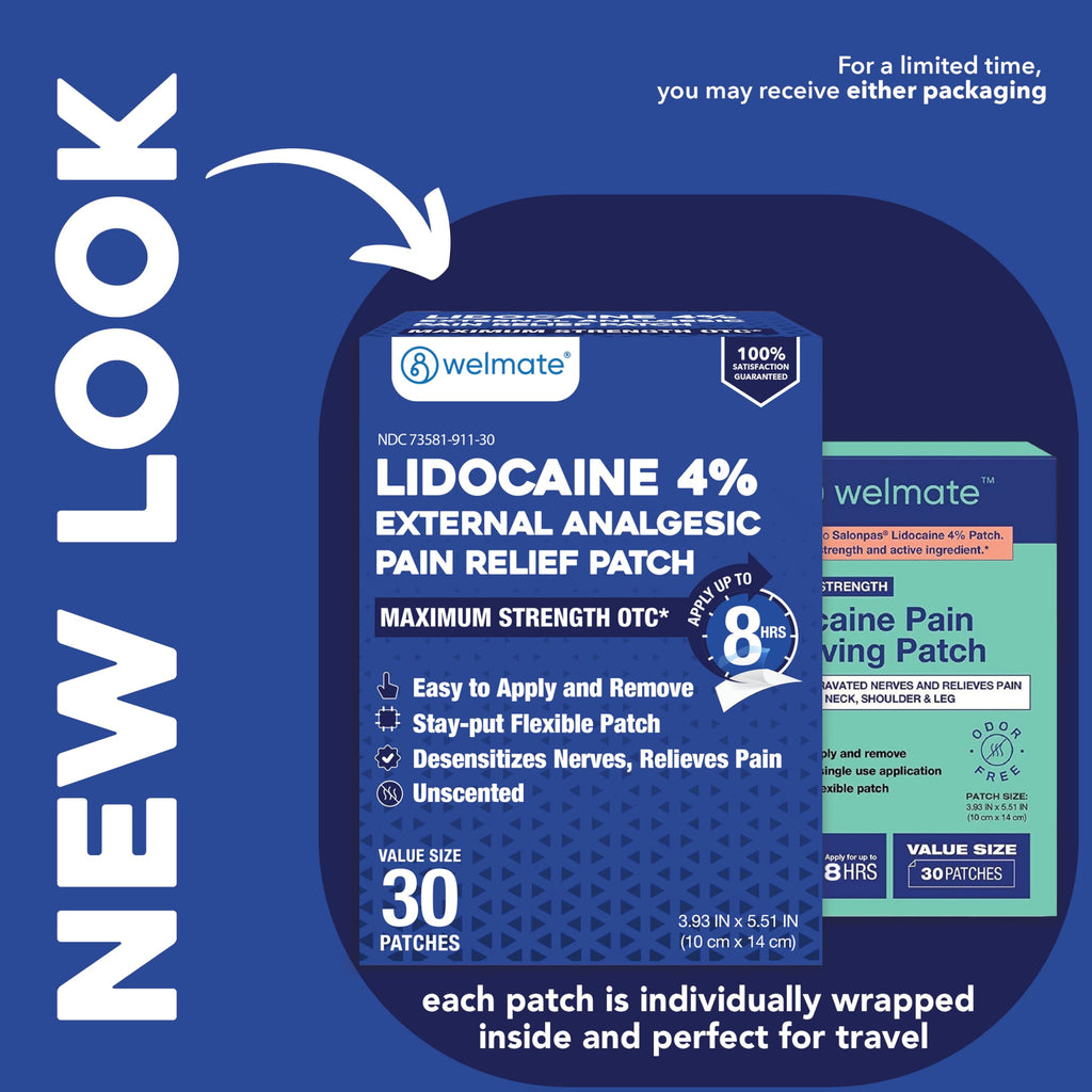WELMATE - 4% Lidocaine Numbing Patch - Maximum Strength - Temporary Relief of Pain, Back, Neck, Shoulders, Knees, Elbows, Minor Skin Irritations - Topical Analgesic Unscented - 30 ct