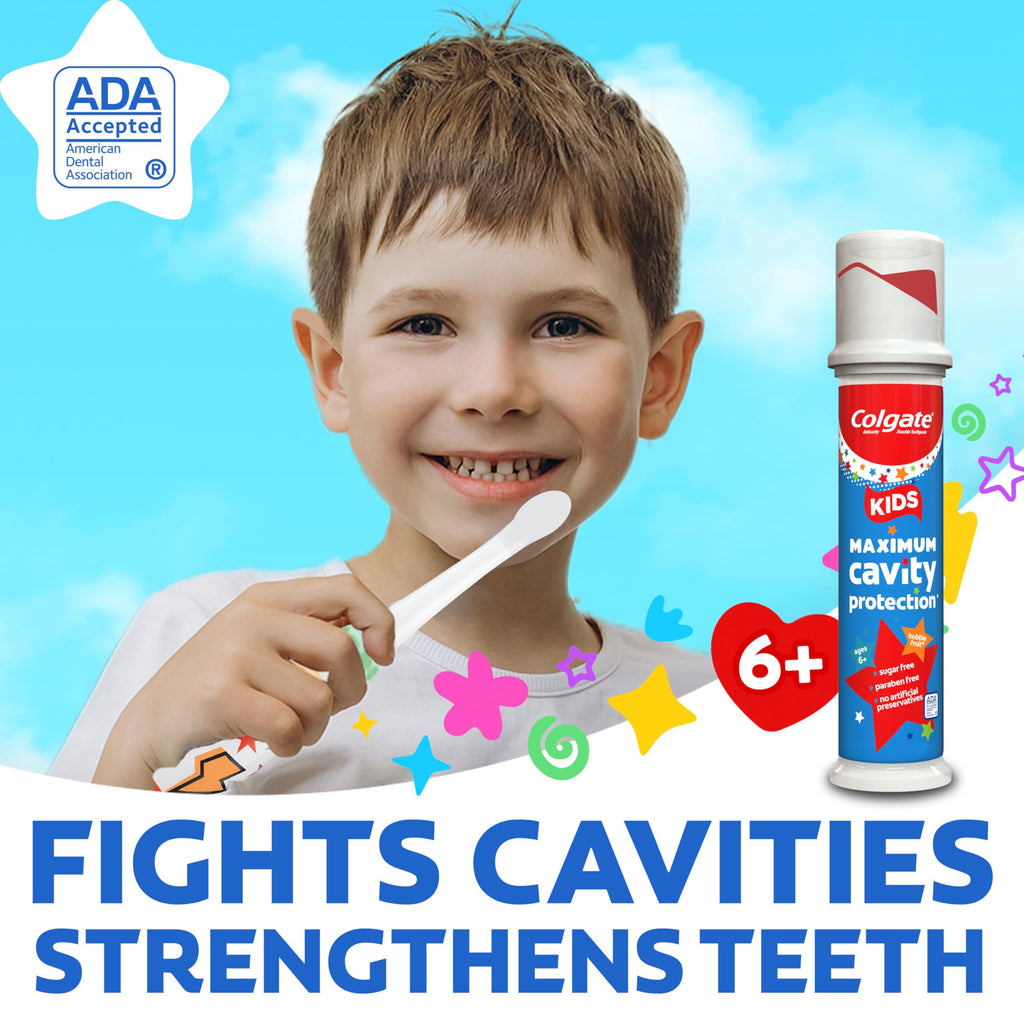 Colgate Kids Toothpaste Pump with Fluoride for Cavity Protection, Ages 6+, ADA Accepted, Bubble Fruit, 4.4 Ounce, 6 Pack