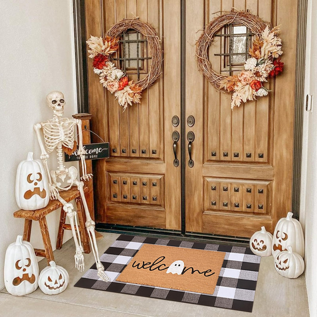 Halloween Door Mat Combo Set, Welcome Ghost Coco Coir Welcome Doormat + 28" x 43" Black and White Plaid Rug, Autumn Halloween Front Porch Entryway Decor Floor Mat