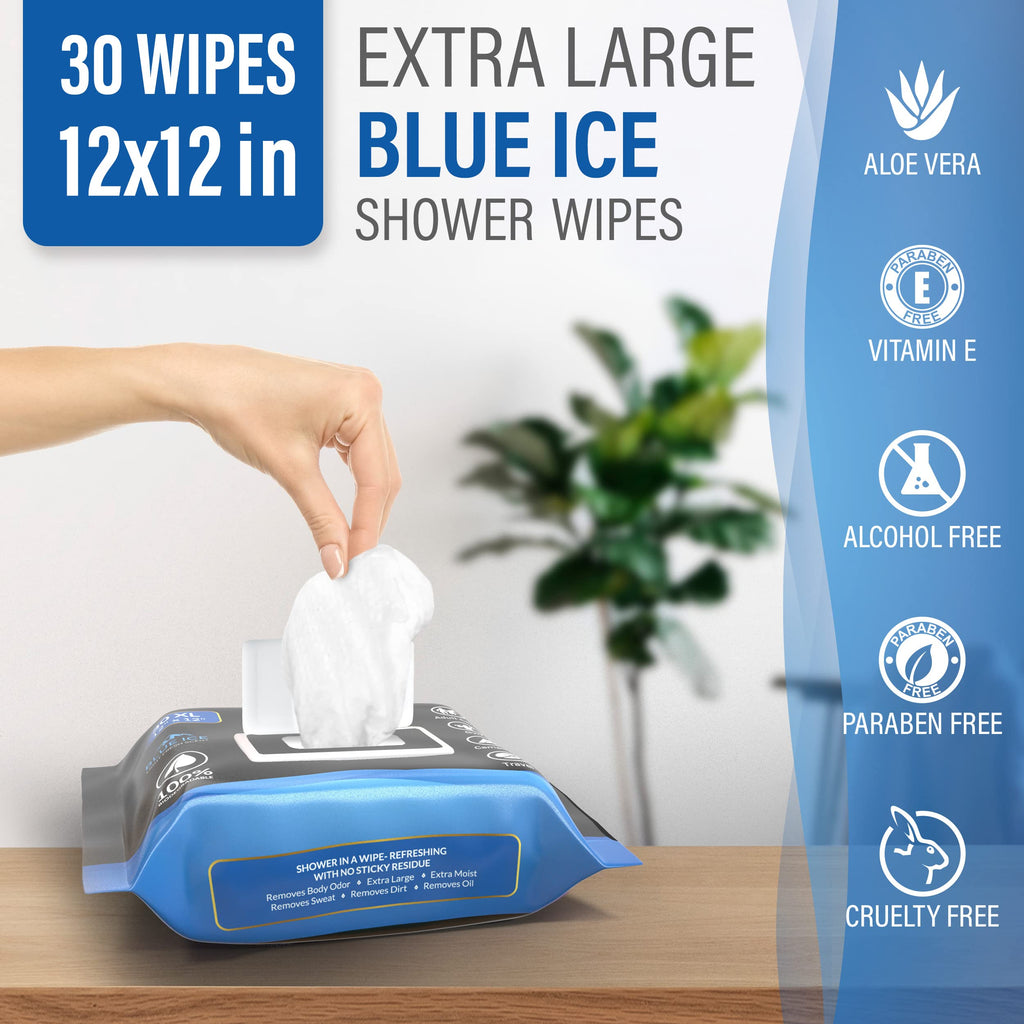 Pure Active XXL Body Wipes for Face and Body, Deodorizing Men's Shower Wipes for Camping, Travel, and After Workout, 12x12 Blue Ice Scented 30 Pack