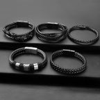 LOWNOUR Black Leather Bracelets for Men Women 5pcs Mens Bracelet Leather and Steel Braided Cuff Bracelets (A- 7.5inch)