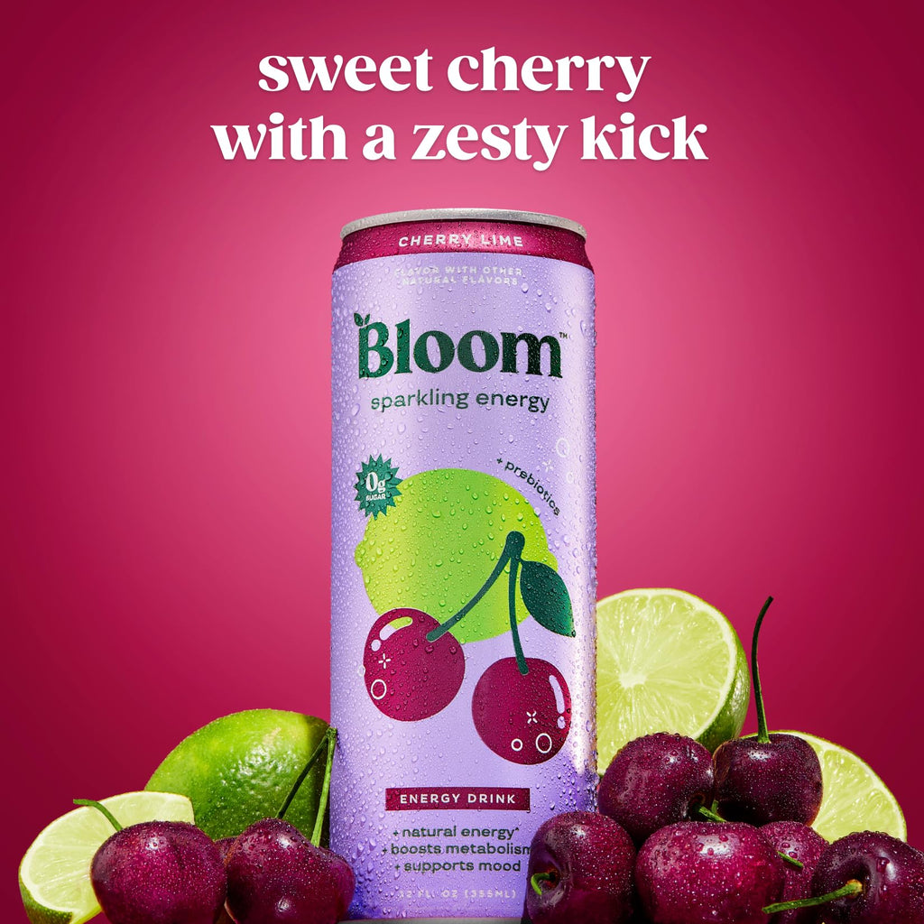 Bloom Nutrition Zero Sugar Energy Drink, Cherry Lime, 12oz 12pk