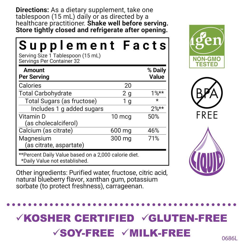 Bluebonnet Nutrition Liquid Calcium Citrate Magnesium Citrate, Vitamin D3, Bone Health, Gluten Free, Soy free, milk free, kosher,32 Servings, Blueberry Flavor, 16 Fl Oz (Pack of 1)