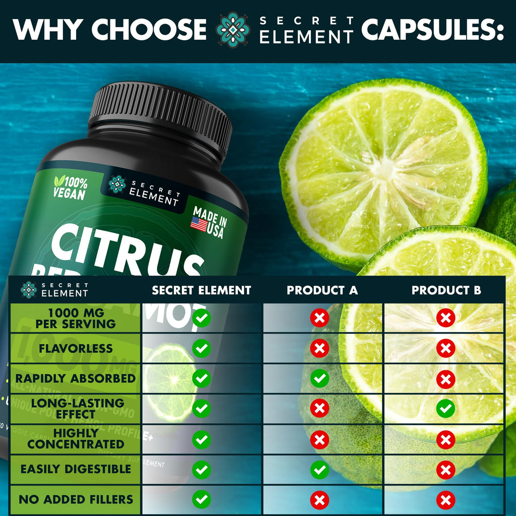 Secret Element Citrus Bergamot Extract 1000mg - Citrus Bergamot Supplement for Heart, Immune System Support, and Healthy Aging - Pure, Vegan Bergamot Capsules