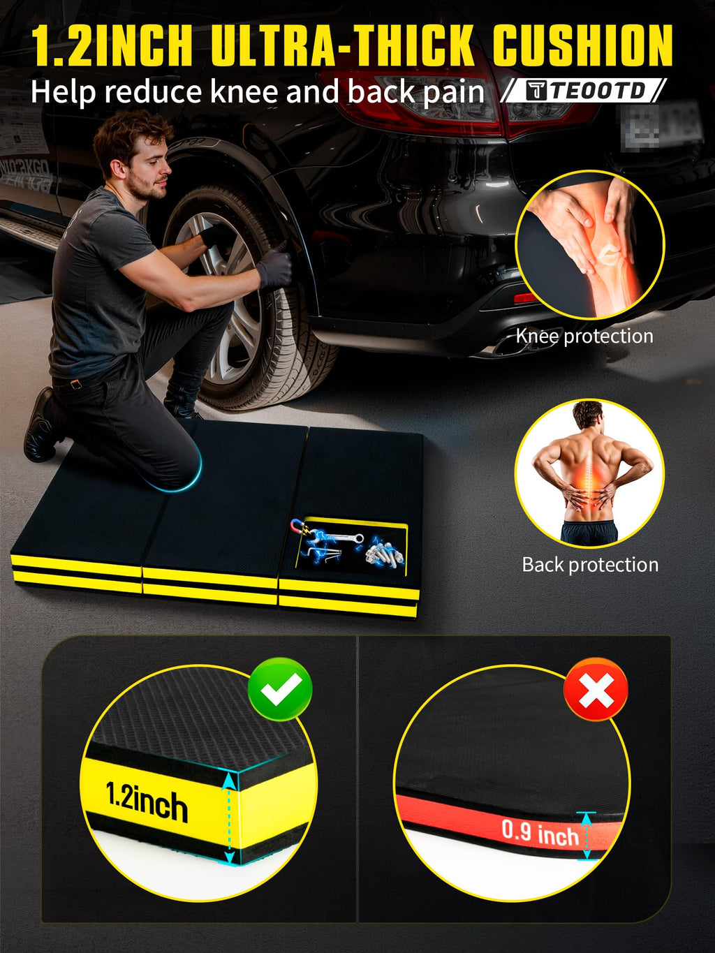 TEOOTD 1.2" Extra Thick Foldable Mechanic Mat, Kneeling Pad with Magnetlc Tool Compartment, Waterproof Comfortable EVA Mat with Handle & Storage Belt for Workshop Repairing,Gardening 47.3x17.3x1.2