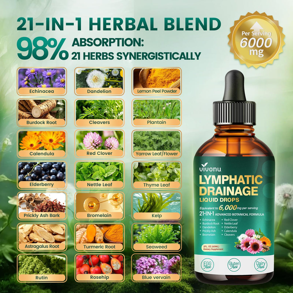 21-in-1 Lymphatic Drainage Drops for Liposomal, Immune & Lymph System Support Supplement for Women & Men with Echinacea, Dandelion, Burdock, Bromelain, Calendula, Turmeric & More, 4 Pack