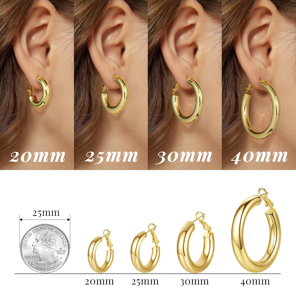 SHOWNII Chunky Gold Hoop Earrings - 14K Gold Plated Earrings for Women Hollow Tube Lightweight Thick Hoops Valentines Mother's Day Birthday Gifts