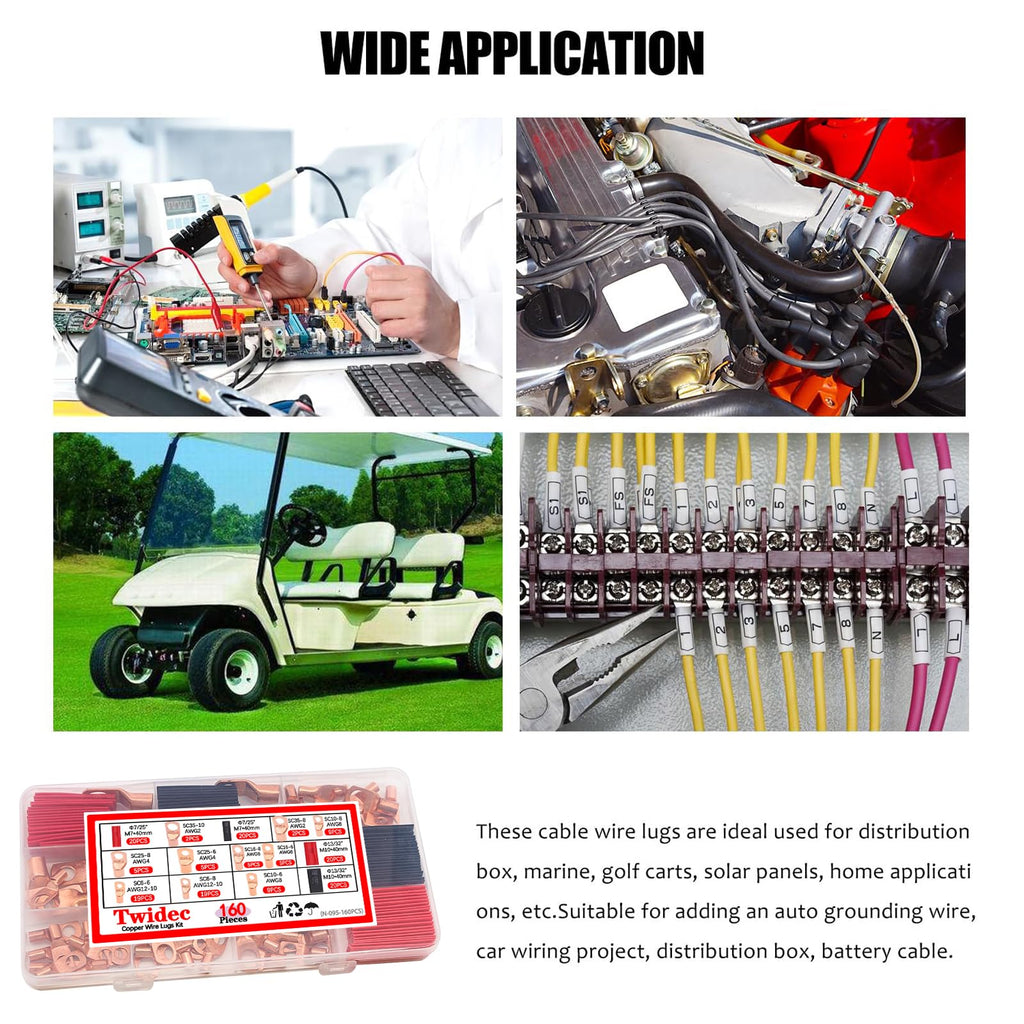 Twidec/160PCS Battery Cable Ends AWG 2 4 6 8 10 12 Gauge Copper Cable Wire Lugs,Ring Terminals Connectors,Copper Ring Terminals Connectors and Hammer Lug Crimper Tool 8 AWG to 0000 AWG
