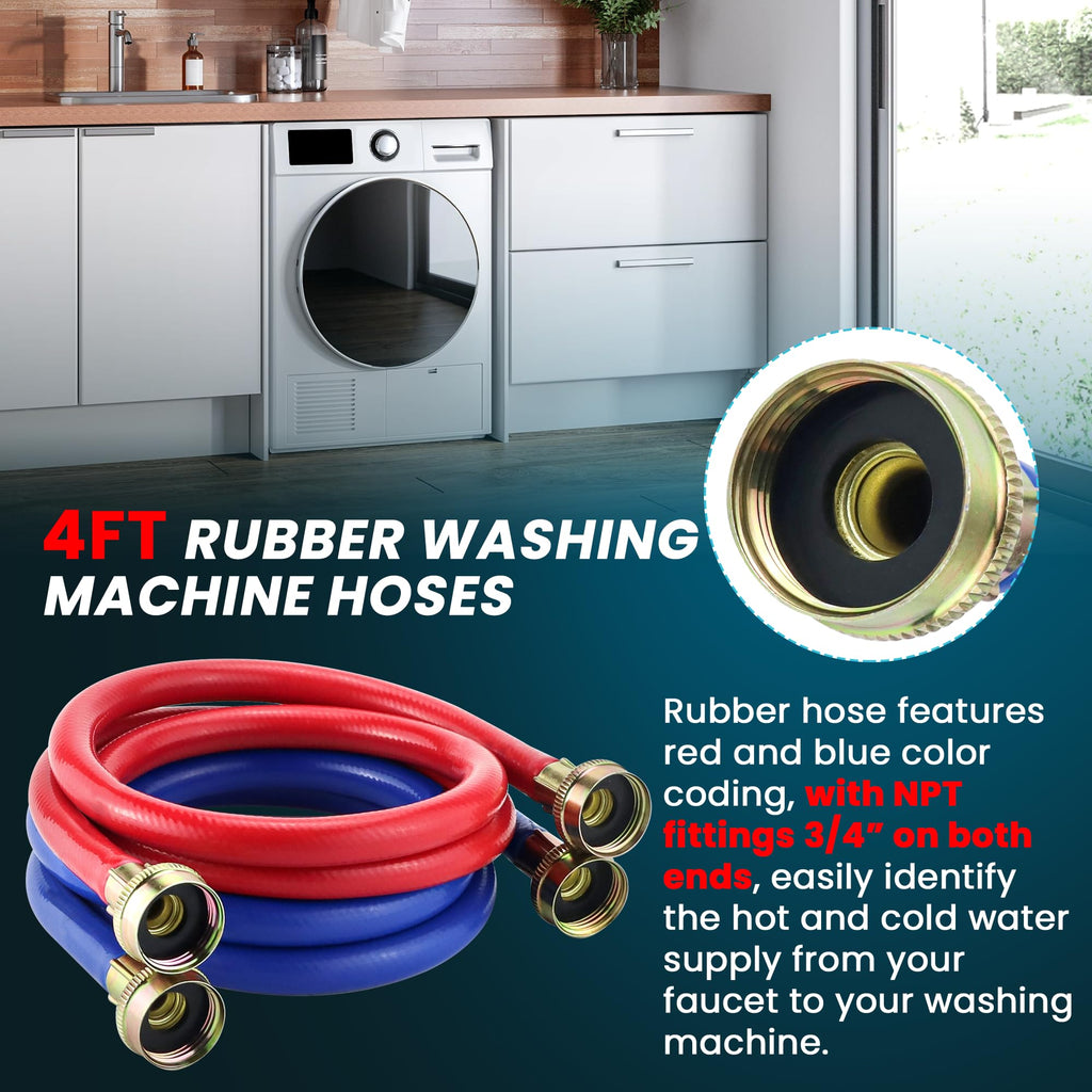 4FT Rubber Washing Machine Hoses for Washer Flexible Burst-proof Rubber Hot and Cold Water hoses 3/4 inch NPT Washer Water Hoses - 2 pack by Fetechmate