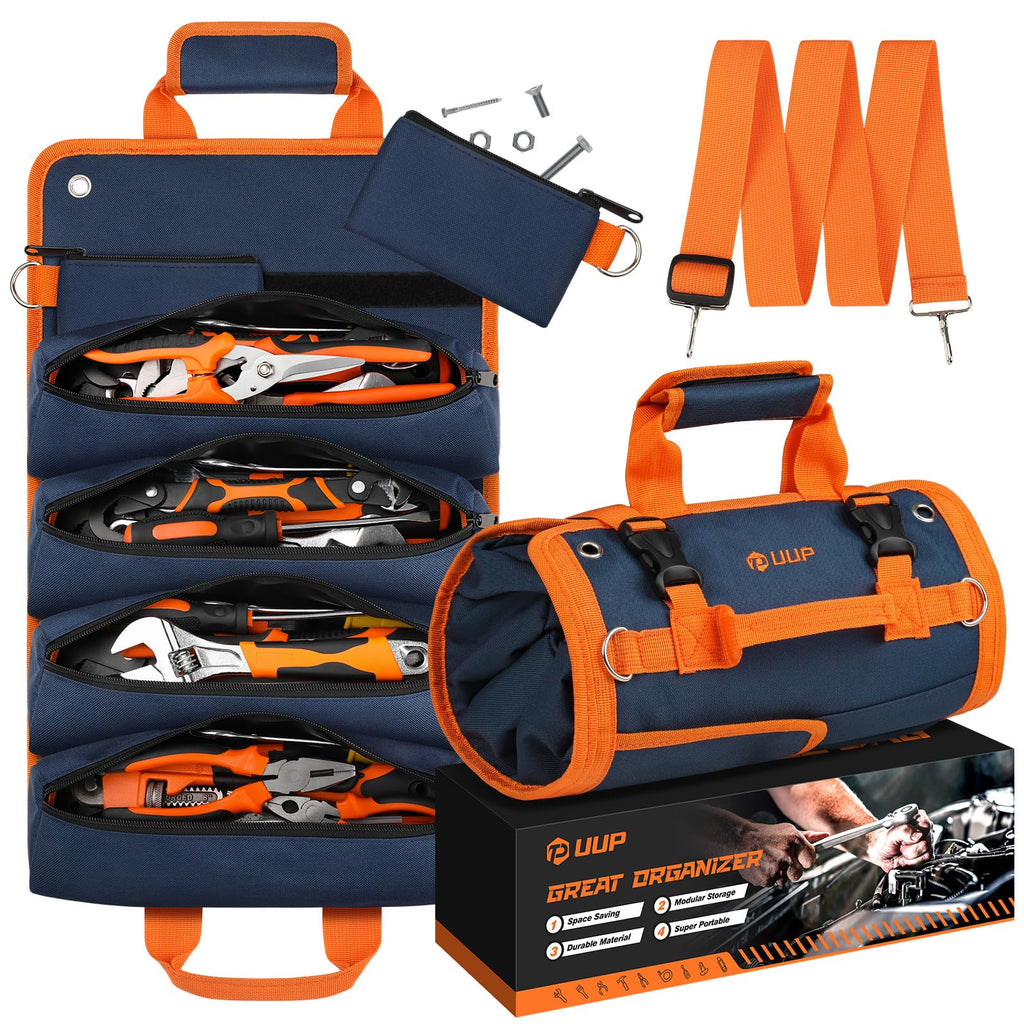 Tool Bag Roll Up, UUP Heavy Duty Rolled Empty Tool Storage Organization, Portable Foldable Rollup Organizer with 2 Small Pouches, Rollable Carrying Toolbag, Dad Men Mechanic Birthday Gift, Blue Orange