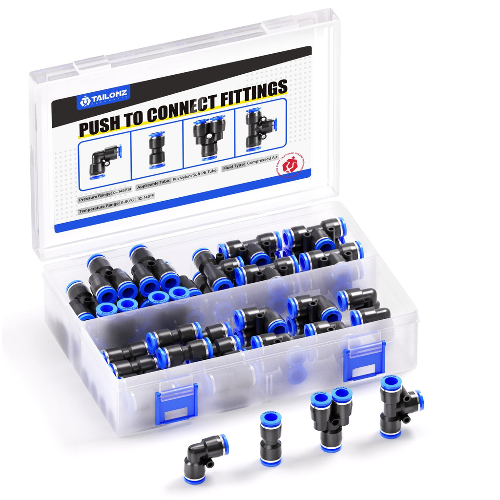 TAILONZ PNEUMATIC 5/32 inch or 4mm od Push to Connect Fittings Pneumatic Fittings Kit 10 Spliters+10 Elbows+10 tee+10 Straight (40 pcs)