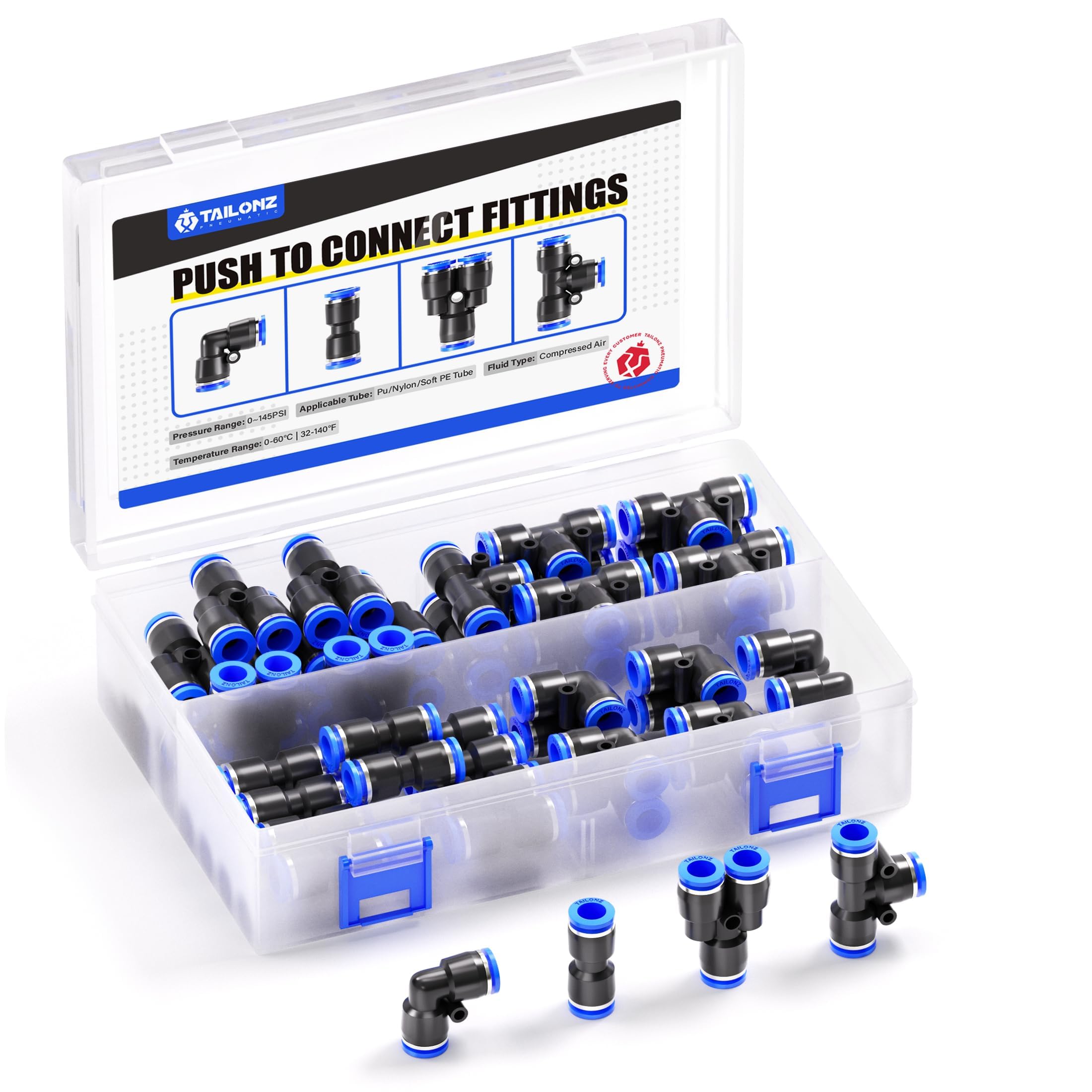 TAILONZ PNEUMATIC 5/32 inch or 4mm od Push to Connect Fittings Pneumatic Fittings Kit 10 Spliters+10 Elbows+10 tee+10 Straight (40 pcs)
