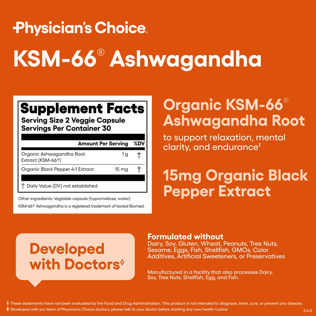 Physician's CHOICE KSM-66 Ashwagandha Root Powder Extract 1,000mg - Organic - with Black Pepper for Maximum Absorption - 5% Withanolides - Stress, Mood & Athletic Support - 60 Vegan Capsules