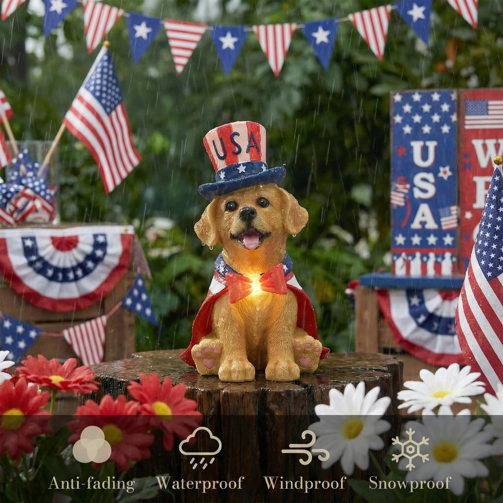 TERESA'S COLLECTIONS 4th of July Puppy Decorations with Solar Light, Memorial Day Resin Garden Dog Figurine for Home, Patriotic Independence Day USA 250th Anniversary Outdoor Yard Porch Gift Decor 8"