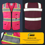 JKSafety Safety Vest for Men Women Hi Vis Relfective Vest with Pockets High Visibility Meet ANSI Standard Pink Color with Extended Yellow Strips (BX331-Pink XL)