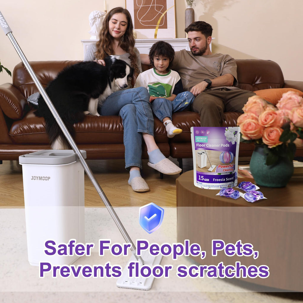 JOYMOOP Flat Mop System, Mop and Bucket Set, White, Commercial & Household Floor Cleaning Mop with Freesia Scent Cleaning Pods, Includes 3 Reusable Microfiber Pads and 15 Detergent Pods
