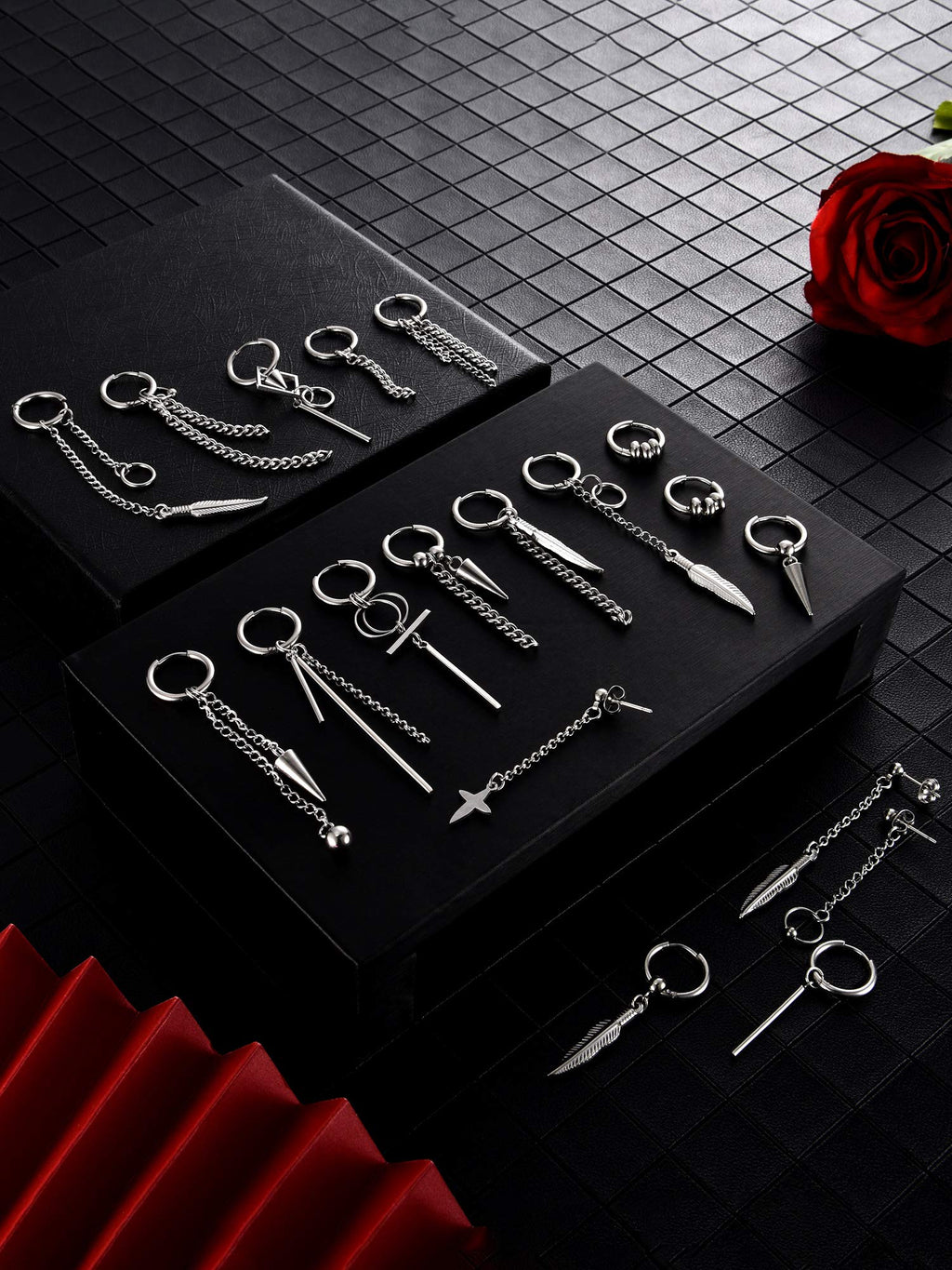 Hicarer 20 Pcs Men Dangle Earrings Stainless Steel Huggie Hoop Drop,Silver