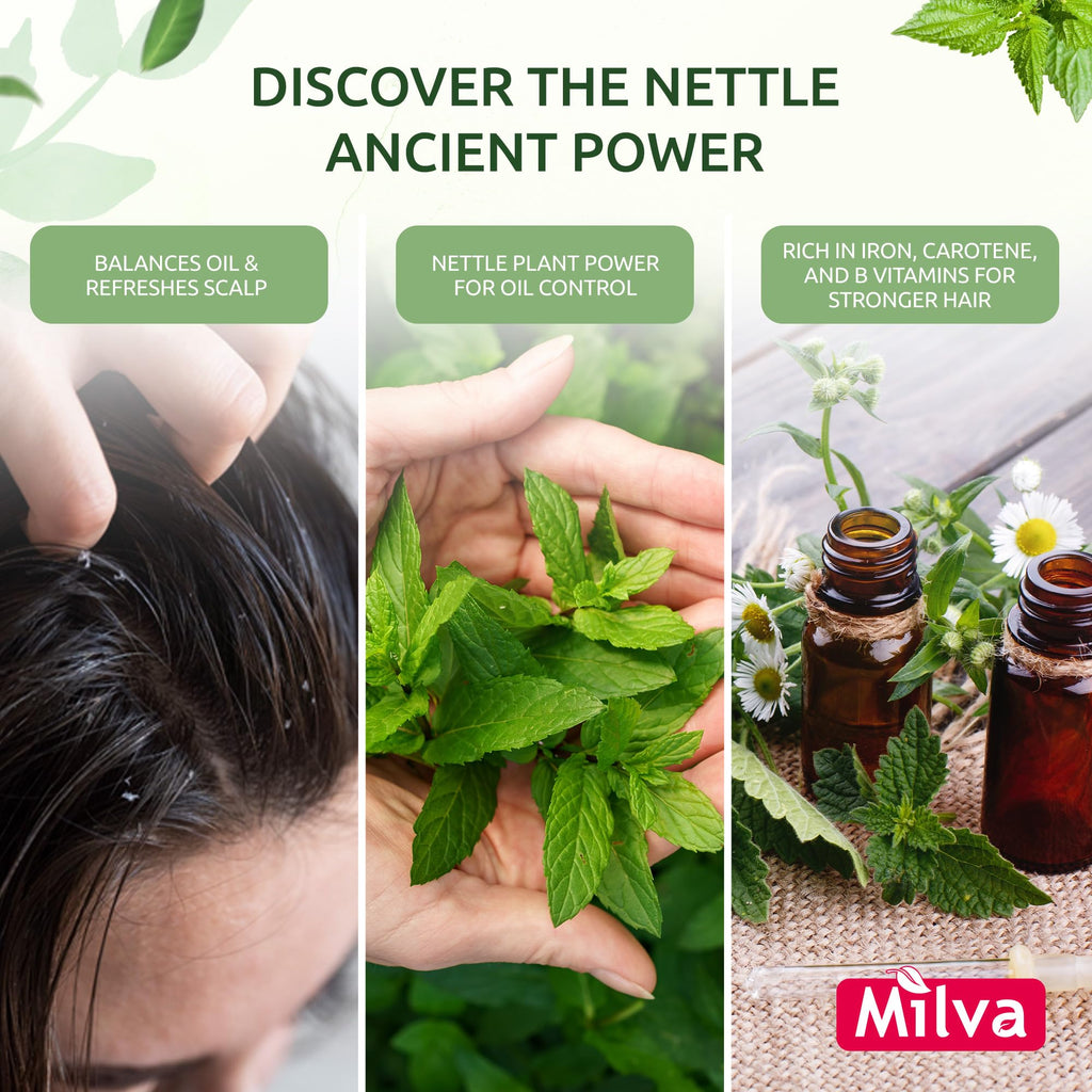 Milva Nettle Shampoo for Oily Hair - 6.7 Fl Oz Natural Oily Hair Shampoo for Greasy Roots & Scalp - Clarifying Degrease Treatment - Control Sebum, Add Volume & Shine - Made in Bulgaria - 200ml