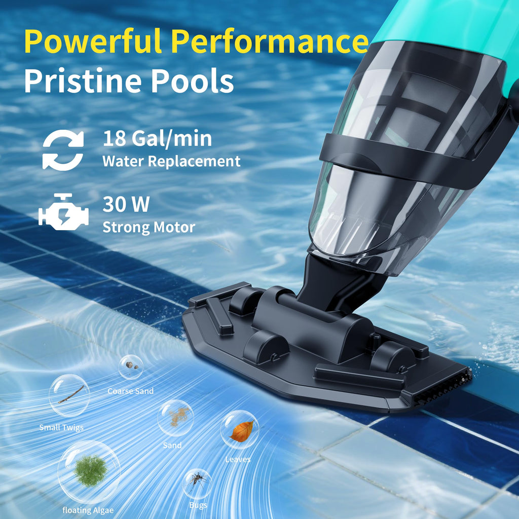 Handheld Pool Vacuum for Above Ground Pools,Cordless Pool Vacuum with Powerful Suction up to 18 gallons/min,Ideal for Leaves and Debris,Pool Vacuum Head for Pools Above Ground and Hot Tubs (Green)