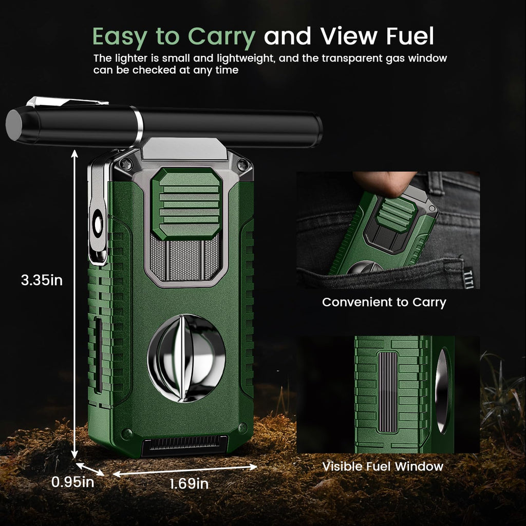 5-in-1 Torch Lighter with V-Shape Shear, Punch, Holder, and Draw Enhancer, Triple Windproof Flame, All-in-one Lighter with Multi-Functional Accessory, Refillable Butane Lighter with Gift Box for Men