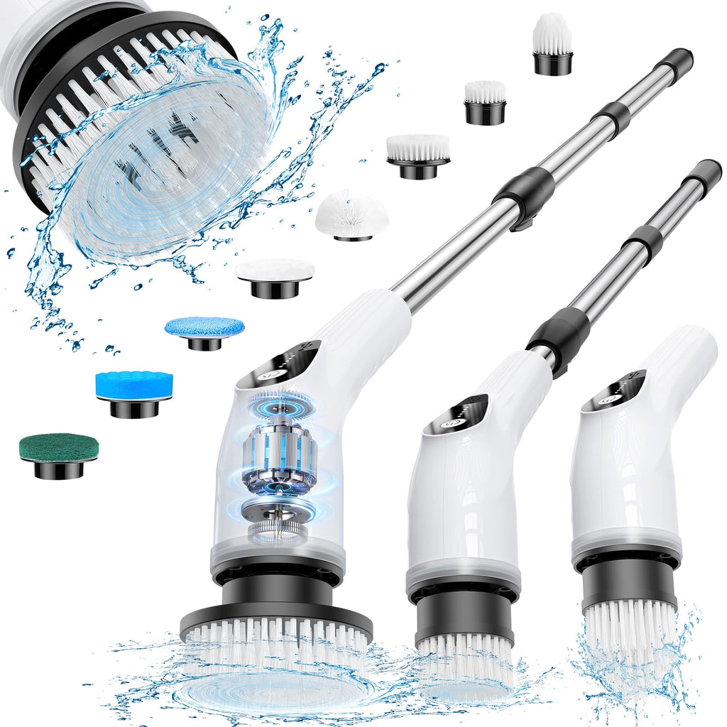 Electric Spin Scrubber, Cordless Cleaning Brush with 8 Replaceable Heads, Five-Speed Power Scrubber with Adjustable Handle for Bathroom, Tub, Floor, Tile & Car – Clean Without Bending